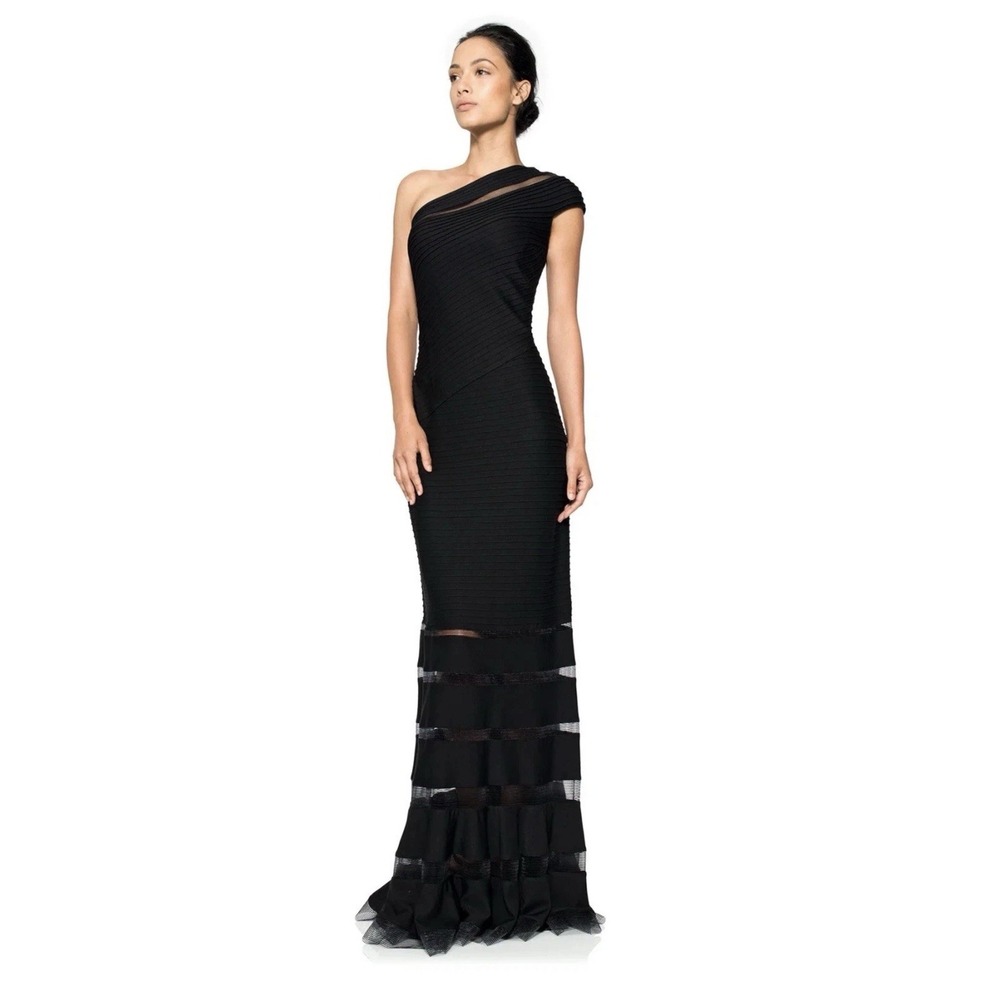 Tadashi Shoji One Shoulder Pintuck Jersey Mermaid Maxi Gown Dress Black SZ S - Picture 2 of 11